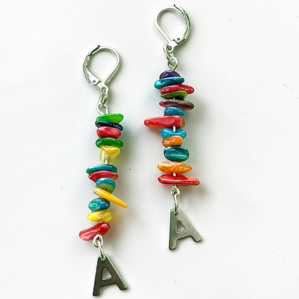 🆕 “A” Initial and Gemstones Dangle Earrings-Stainless Steel